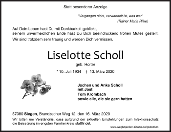 Traueranzeige von Liselotte Scholl von Siegener Zeitung