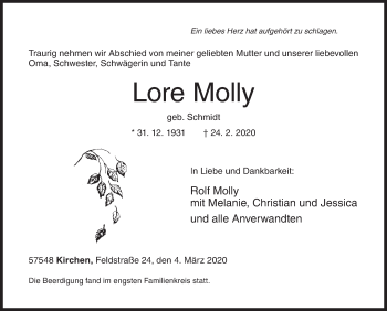 Traueranzeige von Lore Molly von Siegener Zeitung