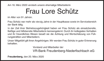 Traueranzeige von Lore Schütz von Siegener Zeitung