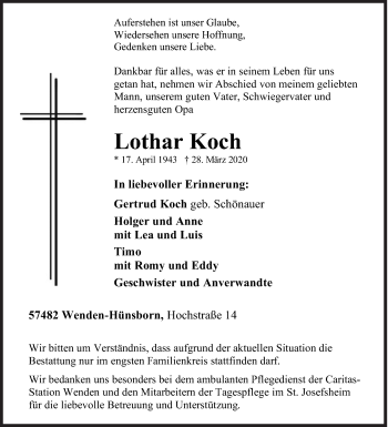 Traueranzeige von Lothar Koch von Siegener Zeitung