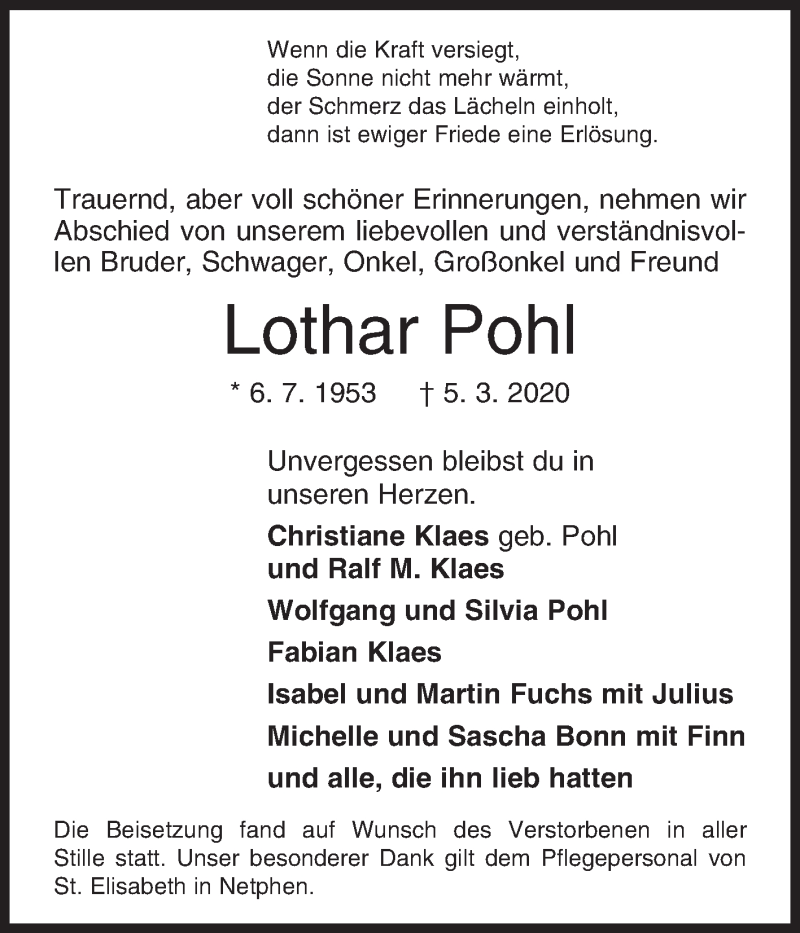  Traueranzeige für Lothar Pohl vom 14.03.2020 aus Siegener Zeitung