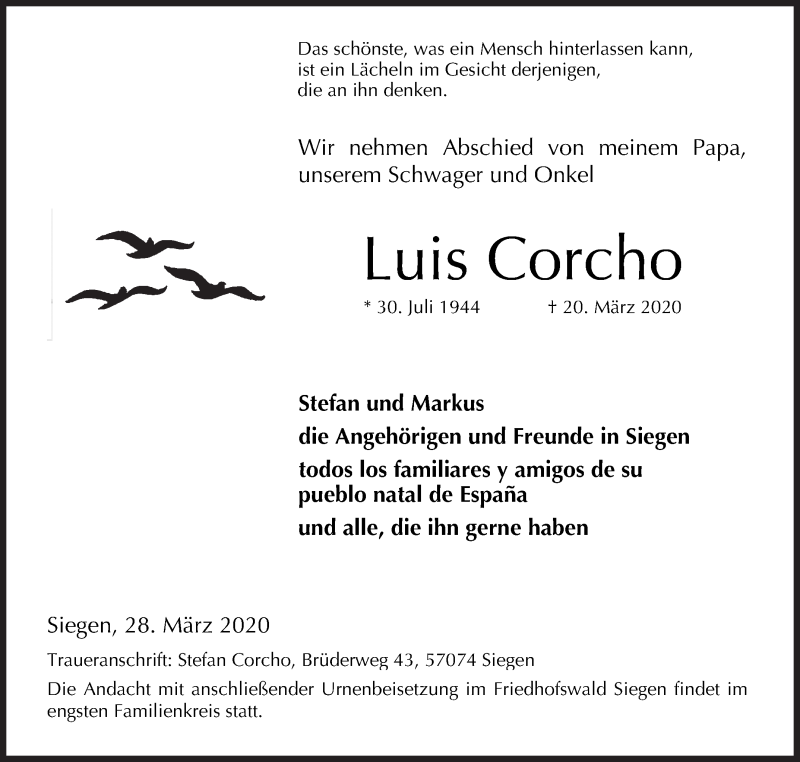  Traueranzeige für Luis Corcho vom 28.03.2020 aus Siegener Zeitung