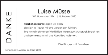 Traueranzeige von Luise Müsse von Siegener Zeitung