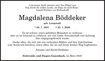 Traueranzeige von Magdalena Böddeker von Siegener Zeitung