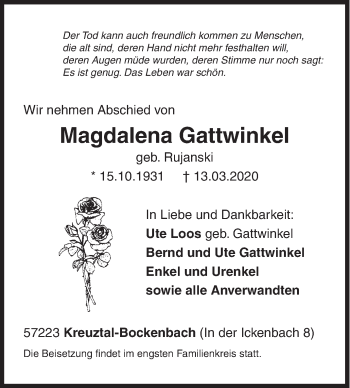 Traueranzeige von Magdalena Gattwinkel von Siegener Zeitung