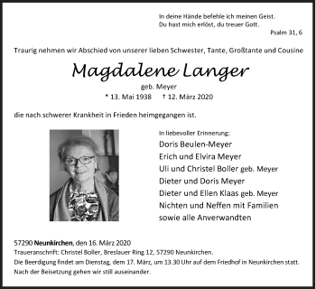 Traueranzeige von Magdalene Langer von Siegener Zeitung