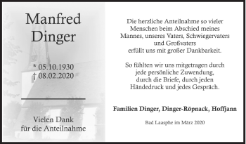 Traueranzeige von Manfred Dinger von Siegener Zeitung