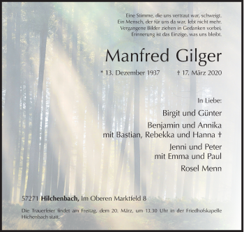 Traueranzeige von Manfred Gilger von Siegener Zeitung