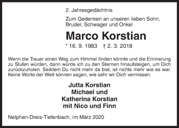 Traueranzeige von Marco Korstian von Siegener Zeitung