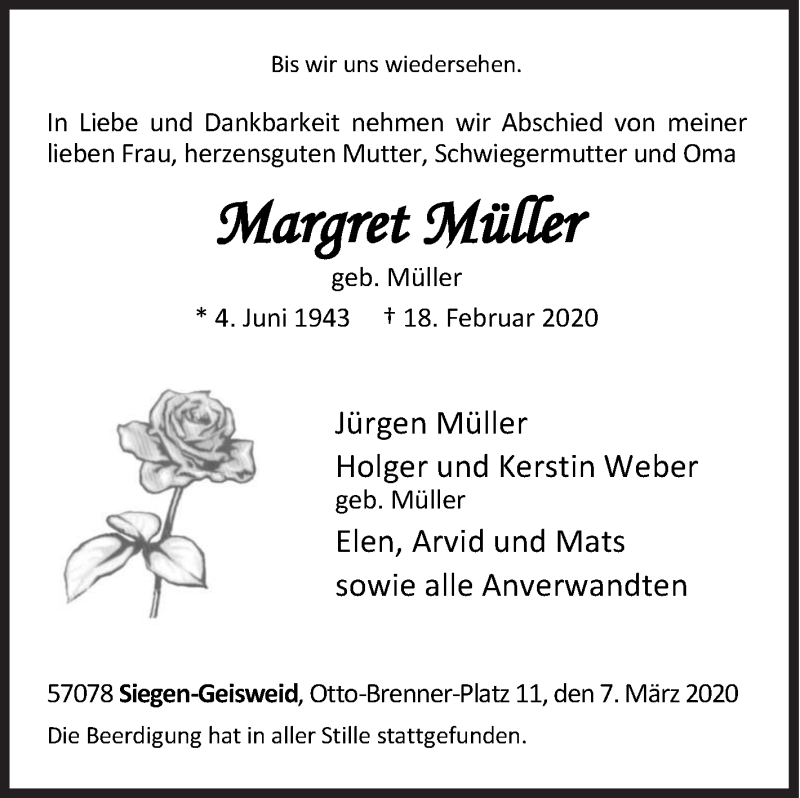  Traueranzeige für Margret Müller vom 07.03.2020 aus Siegener Zeitung