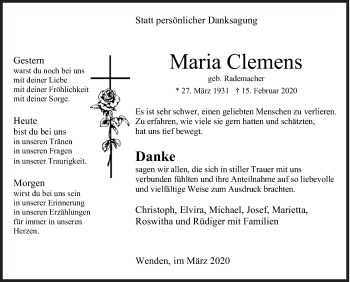 Traueranzeige von Maria Clemens von Siegener Zeitung