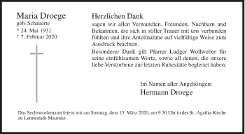 Traueranzeige von Maria Droege von Siegener Zeitung