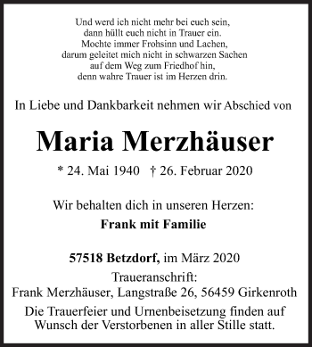 Traueranzeige von Maria Merzhäuser von Siegener Zeitung