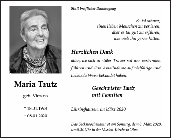 Traueranzeige von Maria Tautz von Siegener Zeitung