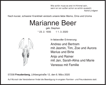 Traueranzeige von Marianne Beer von Siegener Zeitung