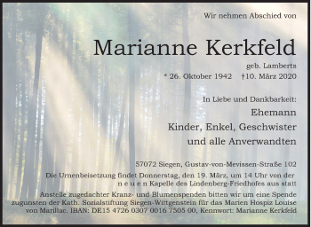 Traueranzeige von Marianne Kerkfeld von Siegener Zeitung