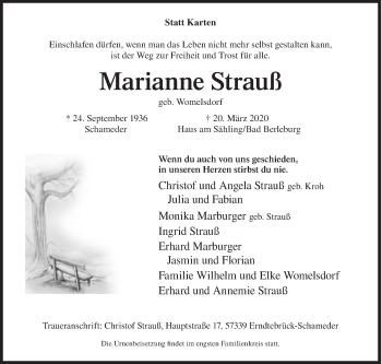 Traueranzeige von Marianne Strauß von Siegener Zeitung