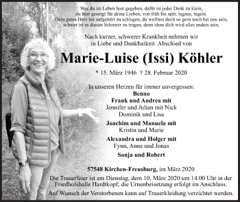 Traueranzeige von Marie-Luise  Köhler von Siegener Zeitung