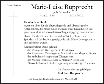 Traueranzeige von Marie-Luise Rupprecht von Siegener Zeitung