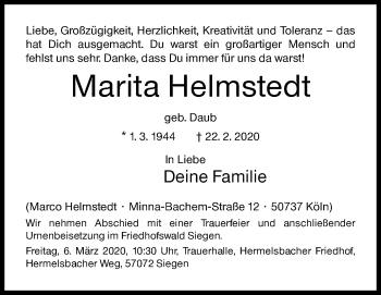 Traueranzeige von Marita Helmstedt von Siegener Zeitung