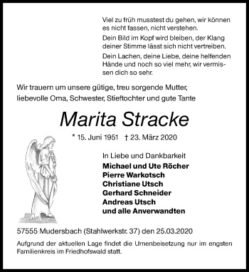 Traueranzeige von Marita Stracke von Siegener Zeitung