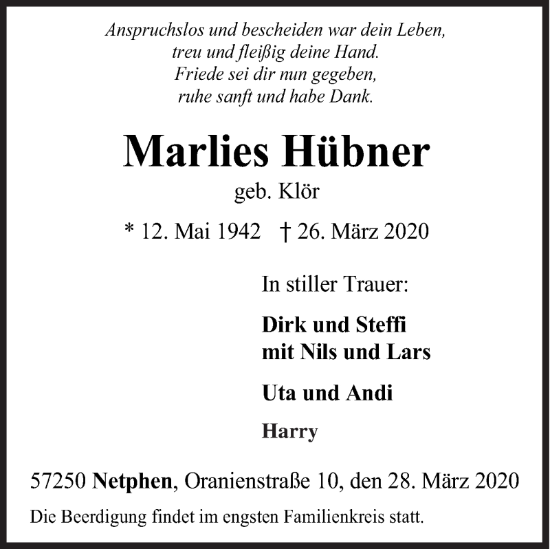  Traueranzeige für Marlies Hübner vom 28.03.2020 aus Siegener Zeitung