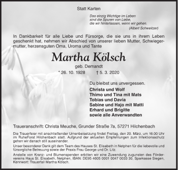 Traueranzeige von Martha Kölsch von Siegener Zeitung