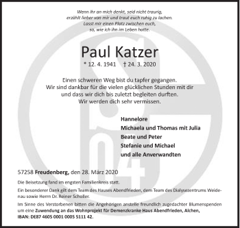 Traueranzeige von Paul Katzer von Siegener Zeitung
