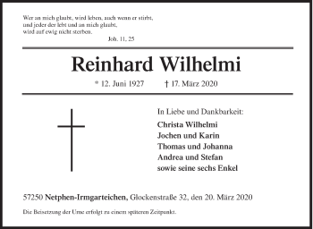 Traueranzeige von Reinhard Wilhelmi von Siegener Zeitung