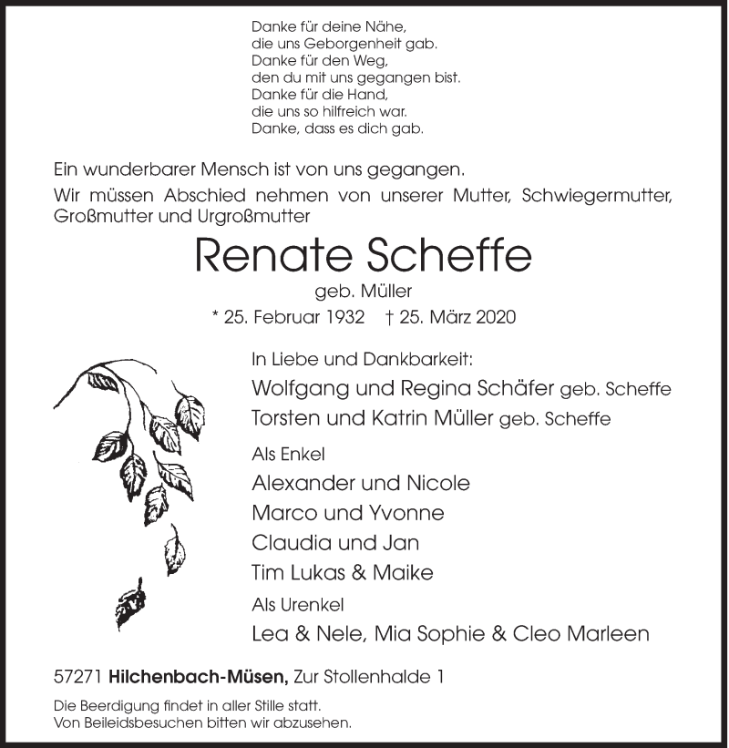  Traueranzeige für Renate Scheffe vom 28.03.2020 aus Siegener Zeitung