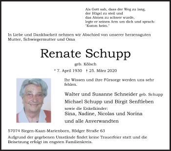 Traueranzeige von Renate Schupp von Siegener Zeitung