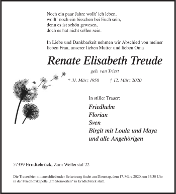 Traueranzeige von Renate Elisabeth Treude von Siegener Zeitung