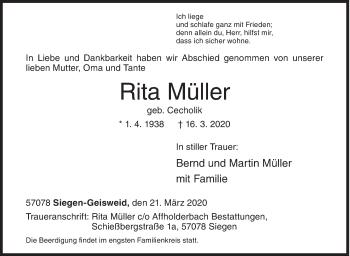 Traueranzeige von Rita Müller von Siegener Zeitung