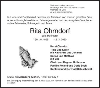 Traueranzeige von Rita Ohrndorf von Siegener Zeitung