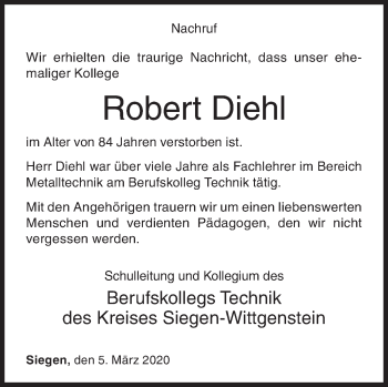 Traueranzeige von Robert Diehl von Siegener Zeitung