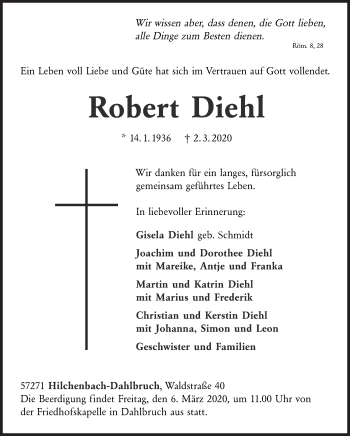Traueranzeige von Robert Diehl von Siegener Zeitung