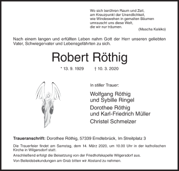 Traueranzeige von Robert Röthig von Siegener Zeitung