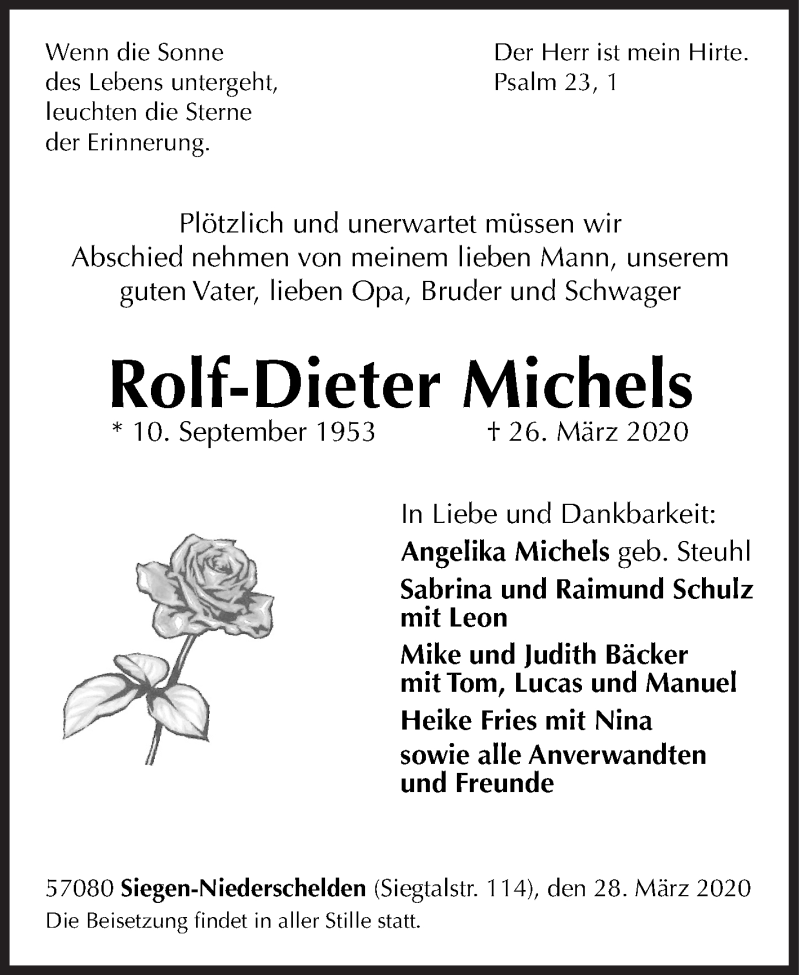  Traueranzeige für Rolf-Dieter Michels vom 28.03.2020 aus Siegener Zeitung