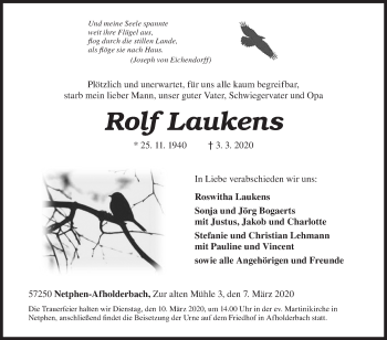 Traueranzeige von Rolf Laukens von Siegener Zeitung