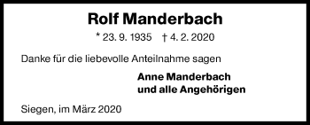 Traueranzeige von Rolf Manderbach von Siegener Zeitung