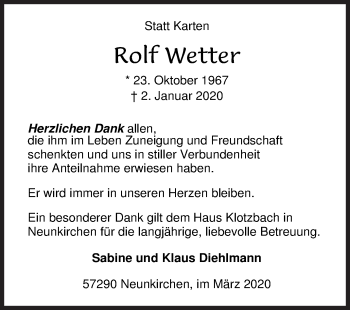 Traueranzeige von Rolf Wetter von Siegener Zeitung