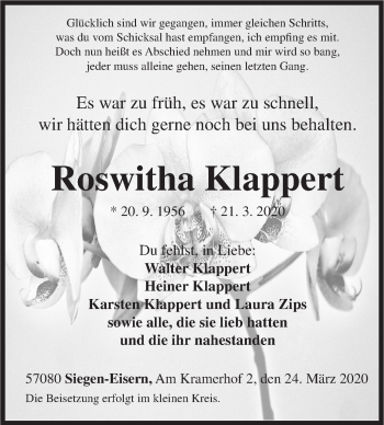 Traueranzeige von Roswitha Klappert von Siegener Zeitung
