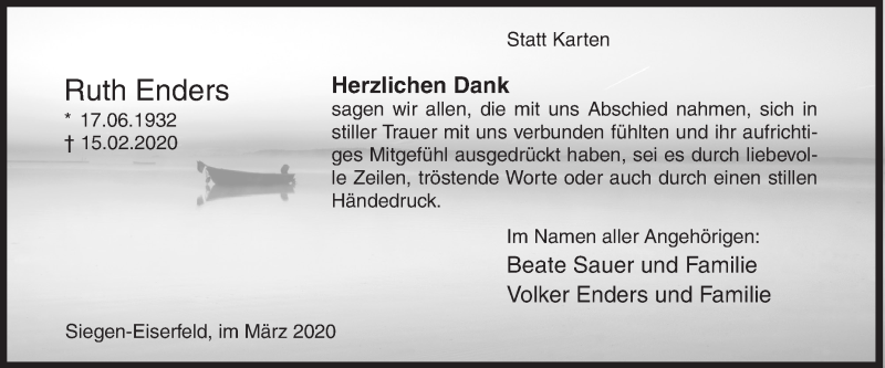  Traueranzeige für Ruth Enders vom 14.03.2020 aus Siegener Zeitung