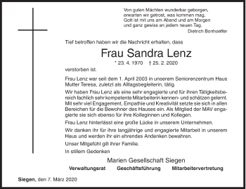 Traueranzeige von Sandra Lenz von Siegener Zeitung