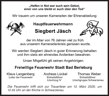 Traueranzeige von Siegbert Jäsch von Siegener Zeitung