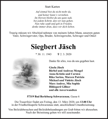 Traueranzeige von Siegbert Jäsch von Siegener Zeitung