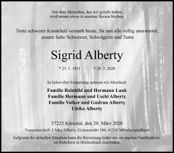 Traueranzeige von Sigrid Alberty von Siegener Zeitung