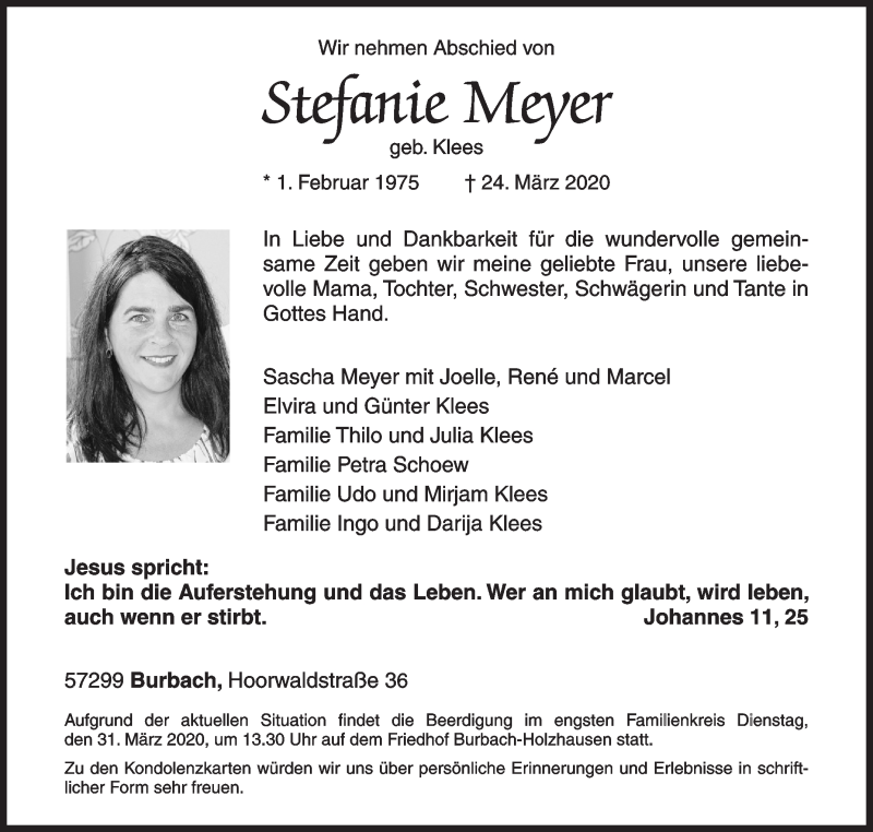  Traueranzeige für Stefanie Meyer vom 28.03.2020 aus Siegener Zeitung
