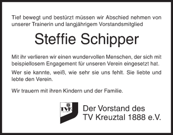 Traueranzeige von Steffie Schipper von Siegener Zeitung
