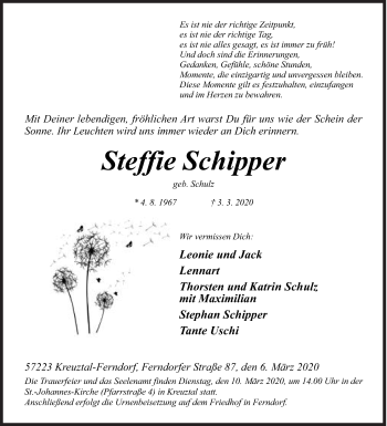 Traueranzeige von Steffie Schipper von Siegener Zeitung